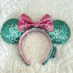 Disney Green Sequin Minnie Ears with Pink Bow